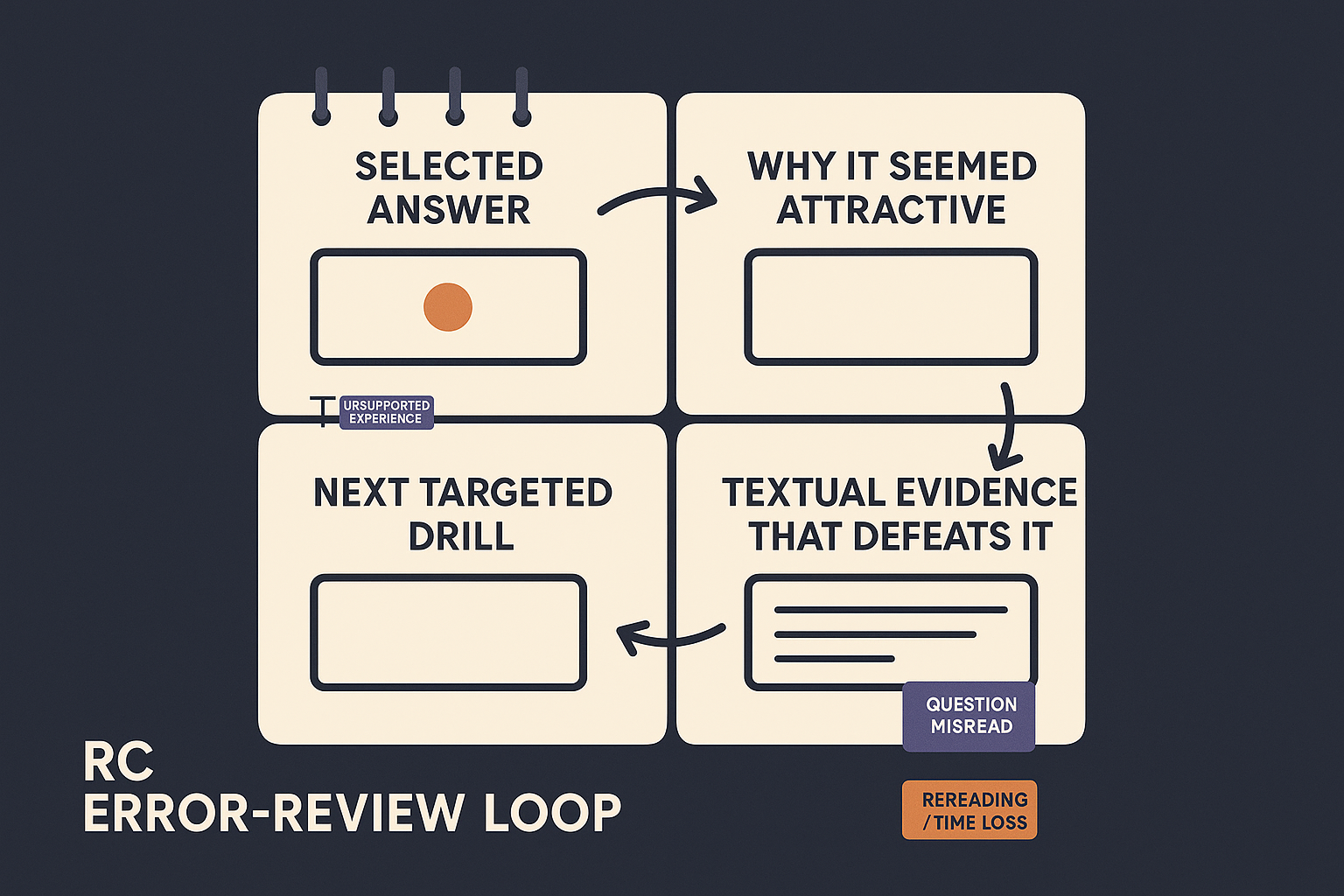 A four-step RC error-review loop connecting the chosen option, its attraction, defeating textual evidence, and the next practice drill.